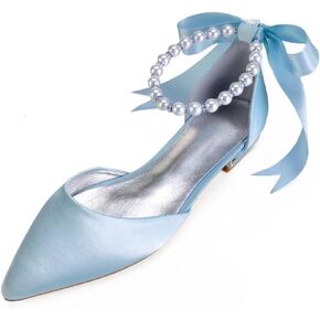 Women Satin Pearls Wedding Flats Shoes for Bride Pointed Toe Prom Evening Bridal Party Dress Flats