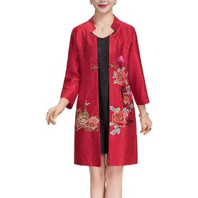 Women's Traditional Embroidery Mandarin Duck Flowers Crinkled One Button Blazer Chinese Jacket