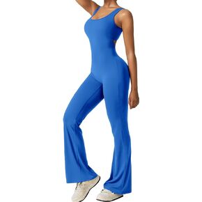 Neufigr Sleeveless Flare Jumpsuits for Women Crew Neck Bodycon Wide Leg Full Length Sexy Backless Romper Playsuit