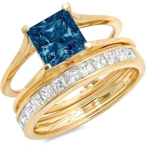 Clara Pucci 3.5 ct Princess Cut Pave Solitaire with Accent Genuine Flawless Natural London Blue Topaz Designer Statement Classic Engagement Bridal Sliding Ring Band wedding Set Solid 18K Yellow Gold