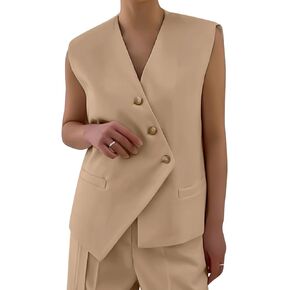Tankaneo Women's Sleeveless Blazer Vests V Neck Button Down Asymmetrical Hem Waistcoats