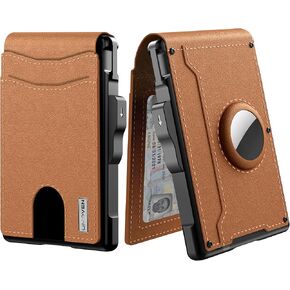 AirTag Wallet for Men - with Pop Up Aluminum Case Money Clip Slim Leather Slots Credit Card Holder RFID Blocking Bifold Minimalist Wallet (Brown)