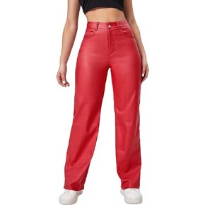 Verdusa Women's High Waist Leather Leggings Pocket Straight Wide Leg PU Pants