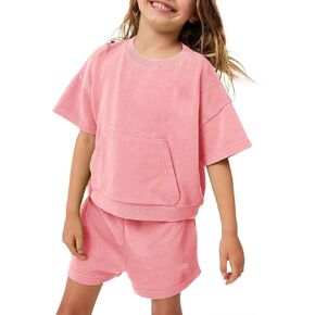 ملابس الصيف للفتيات من Meikulo أزياء الأطفال قطعتين تي شيرت بياقة دائرية مع جيب وسروال قصير من 1 إلى 10 سنوات in Kuwait