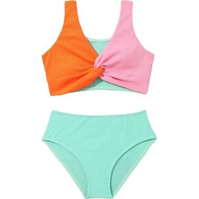 Milumia Girl's 2 Piece Color Block Swimsuits Twist V Neck Cute Bikini Sets Swimwear