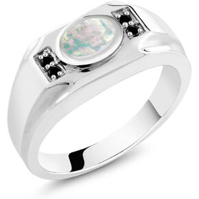 Gem Stone King Men's 925 Sterling Silver White Opal and Black Diamond Ring (1.18 Cttw, Gemstone October Birthstone, Oval Cabochon 8X6MM, Available In Size 7, 8, 9, 10, 11, 12, 13)