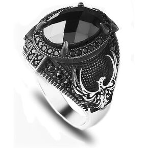 KsrModa 925 Sterling Silver Phoenix Design Mens Ring with Black Zircon Gemstone, Handmade Eagle Silver Ring for Men,Phoenix Ring, Black Stone Ring, Zircon Stone Ring