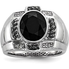 Diamond2Deal 925 Sterling Silver Rhodium Plated Diamond and Onyx Oval Black Men's Ring for Women (0.032ct)