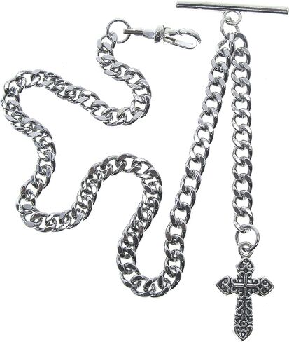 Albert Chain Silver Color Pocket Watch Chain Fob Chain with Cross Design Medal Fob and T Bar Swivel Clasp AC219, Silver in Kuwait