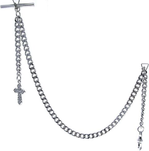 Albert Chain Silver Color Pocket Watch Chain Fob Chain with Cross Design Medal Fob and T Bar Swivel Clasp AC219, Silver in Kuwait