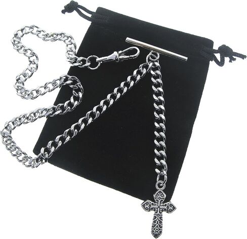 Albert Chain Silver Color Pocket Watch Chain Fob Chain with Cross Design Medal Fob and T Bar Swivel Clasp AC219, Silver in Kuwait