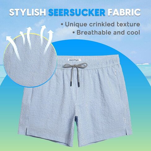 maamgic Men's Swim Trunks 5.5 inch Seersucker 2 in 1 Beach Shorts Quick Dry Bathing Suits with Compression Liner in Kuwait