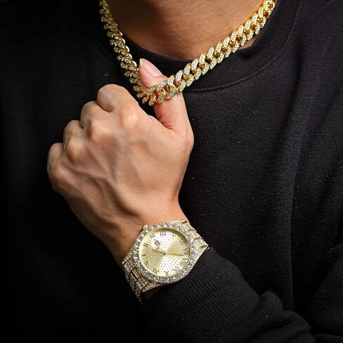 Halukakah Diamonds Gold Watch Iced Out,Men's 18K Real Gold/Platinum White Gold Plated 42MM Width Round Dial Quartz Wristband 9.5" with Cuban Link Chain 8"+18" Necklace Bracelet,Free Giftbox in Saudi Arabia