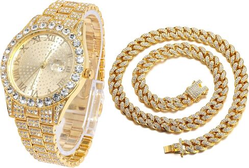 Halukakah Diamonds Gold Watch Iced Out,Men's 18K Real Gold/Platinum White Gold Plated 42MM Width Round Dial Quartz Wristband 9.5" with Cuban Link Chain 8"+18" Necklace Bracelet,Free Giftbox in Saudi Arabia