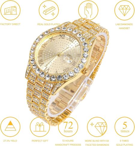 Halukakah Diamonds Gold Watch Iced Out,Men's 18K Real Gold/Platinum White Gold Plated 42MM Width Round Dial Quartz Wristband 9.5" with Cuban Link Chain 8"+18" Necklace Bracelet,Free Giftbox in Saudi Arabia