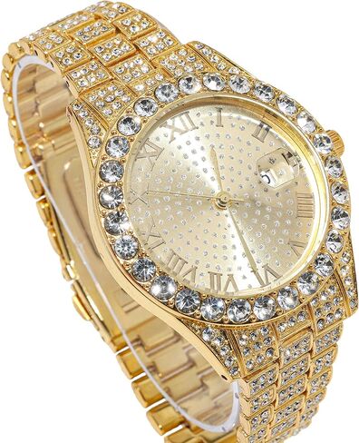 Halukakah Diamonds Gold Watch Iced Out,Men's 18K Real Gold/Platinum White Gold Plated 42MM Width Round Dial Quartz Wristband 9.5" with Cuban Link Chain 8"+18" Necklace Bracelet,Free Giftbox in Saudi Arabia