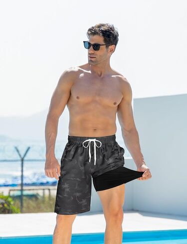 Goodstoworld Men's Funny Swim Trunks with Compression Liner 2 in 1 Quick-Dry 9" Stretch Shorts with Three Pockets in Kuwait