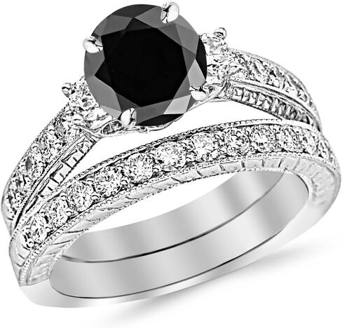Three Stone Vintage With Milgrain & Filigree Bridal Set with Wedding Band & Diamond Engagement Ring with a 3 Carat Black Diamond Heirloom Quality Center in Saudi Arabia