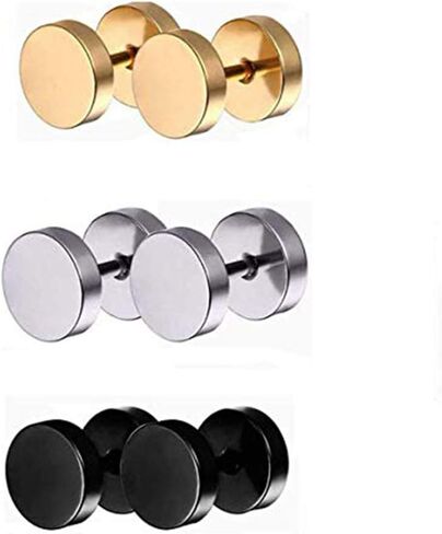 Blue Palm Jewelry 3 Pairs Stainless Steel Stud Earrings Fake Cheater Illusion Plug 14 Gauge Barbell and 00 Gauge Face E563 in Kuwait