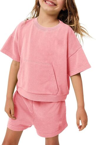 ملابس الصيف للفتيات من Meikulo أزياء الأطفال قطعتين تي شيرت بياقة دائرية مع جيب وسروال قصير من 1 إلى 10 سنوات in Kuwait