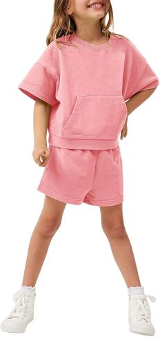 ملابس الصيف للفتيات من Meikulo أزياء الأطفال قطعتين تي شيرت بياقة دائرية مع جيب وسروال قصير من 1 إلى 10 سنوات in Kuwait