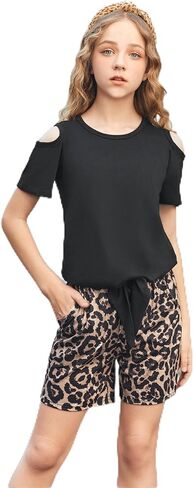 Arshiner Girls Short Sets 2 Pieces Outfits Short Sleeve Tie Knot T-Shirts and Casual Shorts With Pockets Cute Clothes Sets in Saudi Arabia