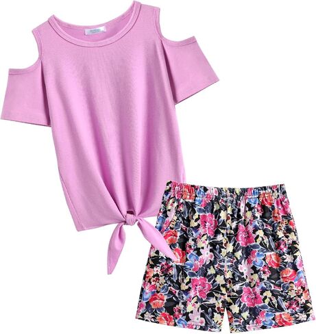 Arshiner Girls Short Sets 2 Pieces Outfits Short Sleeve Tie Knot T-Shirts and Casual Shorts With Pockets Cute Clothes Sets in Saudi Arabia