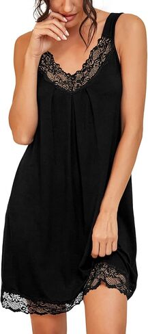 PrinStory Women's Nightgown V-neck Chemise Sleepwear Lace Nightwear Soft Lingerie for Women Carbon Black US Large in Saudi Arabia