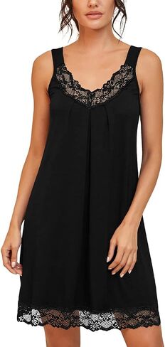 PrinStory Women's Nightgown V-neck Chemise Sleepwear Lace Nightwear Soft Lingerie for Women Carbon Black US Large in Saudi Arabia