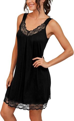 PrinStory Women's Nightgown V-neck Chemise Sleepwear Lace Nightwear Soft Lingerie for Women Carbon Black US Large in Saudi Arabia