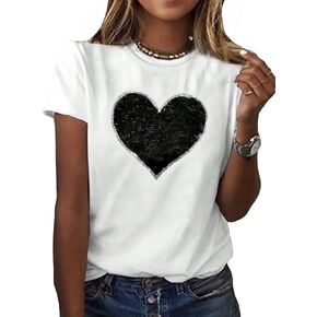 SweatyRocks Women's Heart Print Glitter Sequin T Shirts Casual Round Neck Short Sleeve Tee Tops