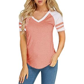Foshow Womens Baseball Raglan Color Block T-Shirts Summer Short Sleeve V Neck Tees Jersey Casual Blouses Tops