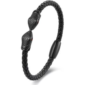 Black Braided Leather Animal Bangle Bracelet Black Steel Cobra Snake with Red Cubic Zirconia Eyes