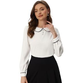 Allegra K Long Sleeve Blouse for Women's Button Decor Contrast Trim Peter Pan Collar Office Work Top