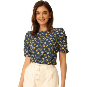Allegra K Women's Floral Blouse Crew Neck Valentine's Day Casual Shirred Short Sleeve Top