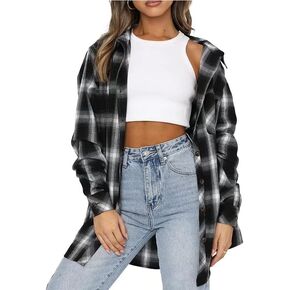 Flannel Plaid Shirts for Women Oversized Long Sleeve Button Down Shirts Blouse Tops