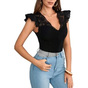 OYOANGLE Women's Casual Ruffle Cap Sleeve V Neck Blouses Lace Work Office Shirt Tops
