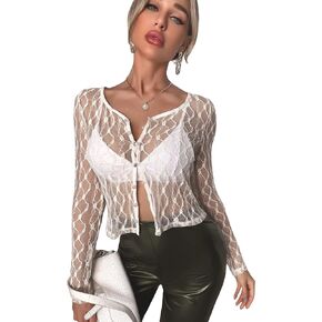 Verdusa Women's Button Up Sheer Lace Top Long Sleeve Scoop Neck Blouse Shirt