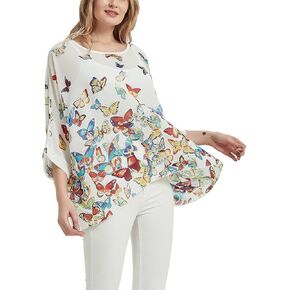 Wiwish Women's Bohemian Style Summer Beach Lagenlook Top Kimono Loose Waterfall Chiffon Kaftan Poncho Shirt