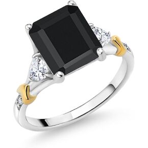Gem Stone King 925 Silver and 10K Yellow Gold Black Onyx and White Moissanite and Diamond Engagement Ring For Women (3.47 Cttw, Emerald Cut 10X8MM, Trillion 3.5MM)