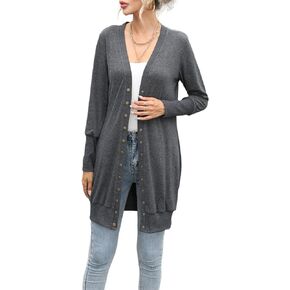 Women's Long Sleeve Snap Button Down Solid Color Knit Ribbed Neckline Cardigans