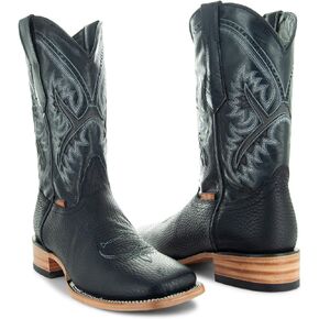 Soto Boots Men's Black Square Toe Cowboy Boots, Genuine Leather Men's Cowboy Boots, Black Western Boots For Men H50040