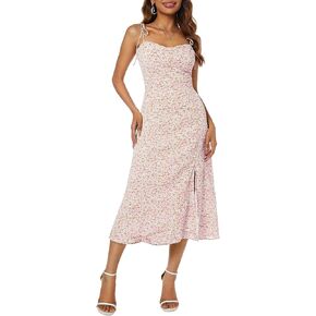 Women's Spaghetti Sleeveless Tie Shoulder Floral Print Strappy Sundress Casual Midi Dress