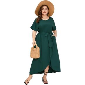 Plus Size Wrap Hem Summer Dress Women Short Sleeve High Low Casual Dress Tie Waist Loose Fit Floral Maxi Dress