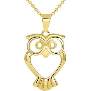 Jewelry America Solid 14K Yellow Gold Open Big Eyes Owl Animal Pendant with Cable, Cuban Curb, or Figaro Chain Necklaces