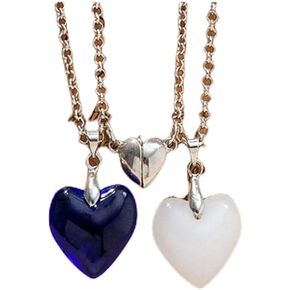 Couple Matching Split Heart Necklace Crystal Mutual Attraction Pendant Best Friends Friendship Jewelry Gift-White&Blue