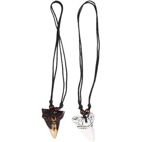 JczR.Y Shark Tooth Necklace for Men Ox Cattle Cow Horn Necklace Faux Shark Teeth Yak Bone Pendant Retro Summer Beech Surfer Neckalce Totem Jewelry 2Packs