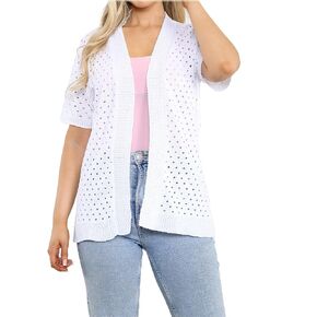 Loxdonz Women's Short Sleeve Knit Crochet Cardigan Sweaters Open Front Coat Summer Cardigan for Women
