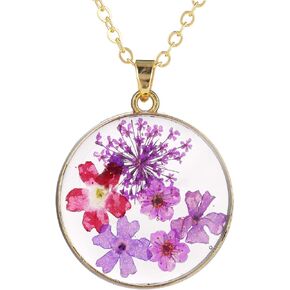 FM FM42 Gold-tone Multi-Colored Pressed Flower Round Pendant Necklace with 17.7" Chain