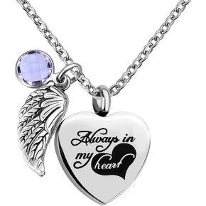 Infinite Memories - Always in my heart - Angel Wing Love Heart Birthstones Crystal Urn Necklace For Ashes Keepsake Pendant